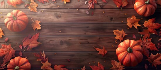 A fall themed arrangement with pumpkins and colorful leaves on a rustic brown wooden backdrop perfect for adding text or graphics with copy space image