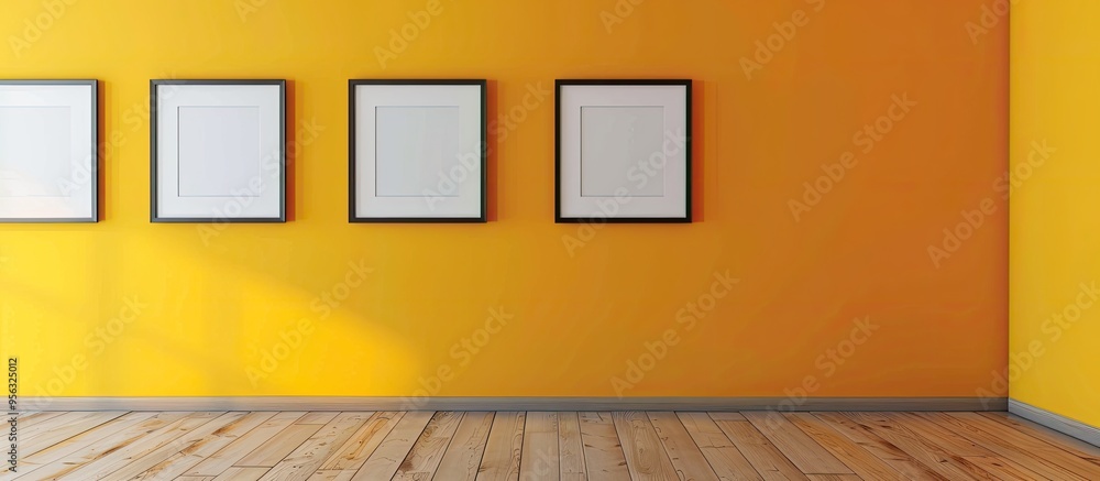 Poster artistic frames hang against a vibrant yellow wall ready for use as a copy space image