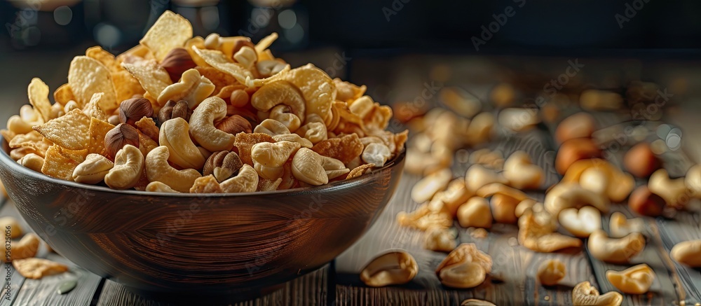 Poster Close up of a bowl filled with crispy salty snacks like nuts and chips on a wooden backdrop perfect for a bar party showcasing unhealthy junk food with space for additional images