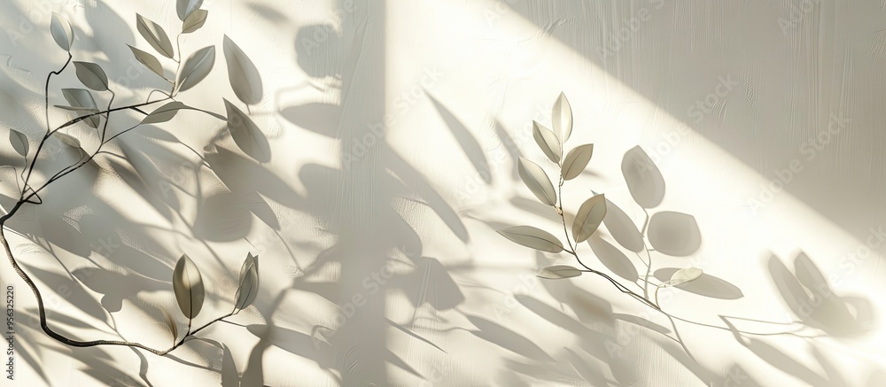 Aufkleber leaves shadows gently fall on a blank wall creating a stylish copy space image suitable for decorati