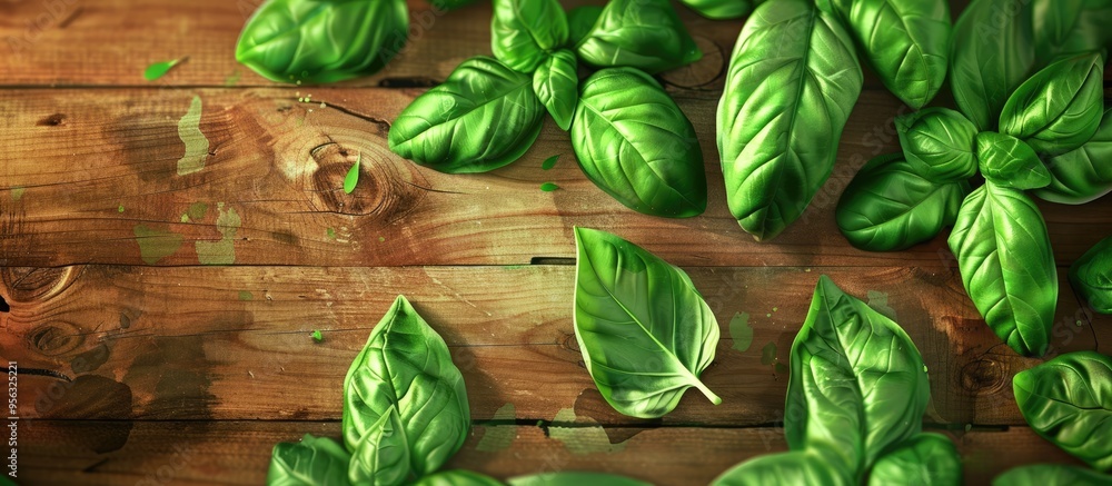 Leinwandbilder fresh green organic basil leaves displayed on a textured wooden background ideal for vegan cuisine w