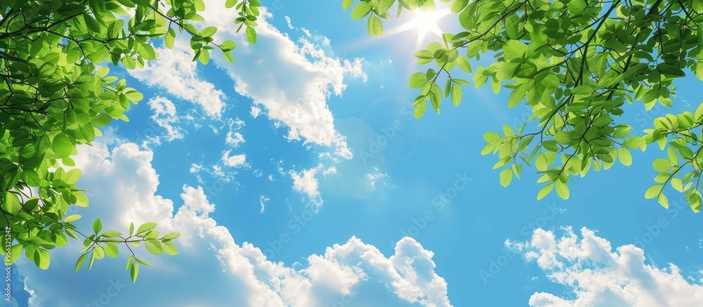 Poster blank blue sky with fluffy clouds and green tree branches in the foreground providing copy space ima
