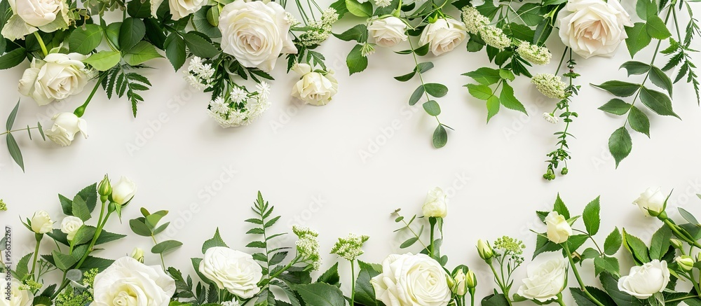 Poster white roses greenery and blossoms form an elegant floral border frame on a white background in this 
