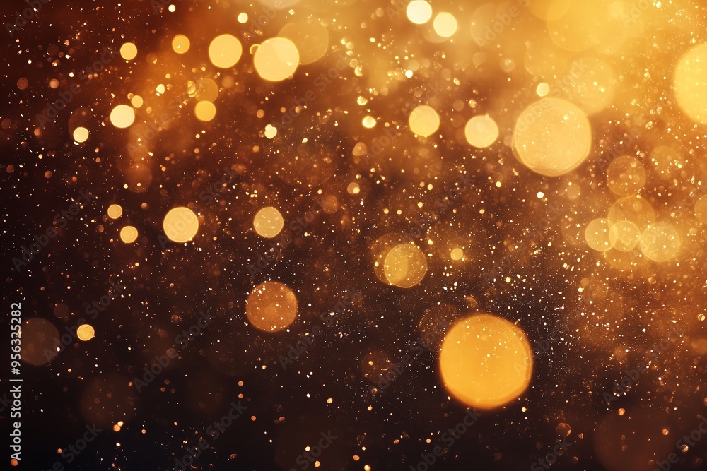 Poster golden bokeh lights shimmering in a dark space, creating a magical atmosphere during a festive eveni