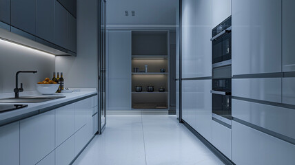 an image of a minimalist kitchen with a hidden pantry and clean surfaces