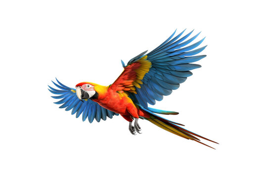 The image features a red scarlet macaw bird, its wings spread out. Suitable for website backgrounds or marketing materials for nature, wildlife, tropical themes, and bird enthusiasts