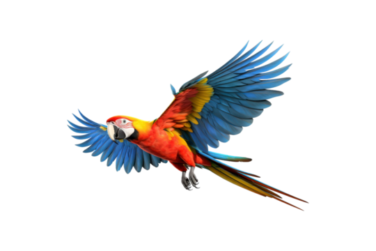 The image features a red scarlet macaw bird, its wings spread out. Suitable for website backgrounds or marketing materials for nature, wildlife, tropical themes, and bird enthusiasts
