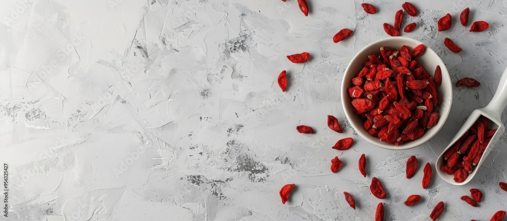 Aufkleber top view of a light grey table with a bowl of dried goji berries accompanied by a scoop suitable for