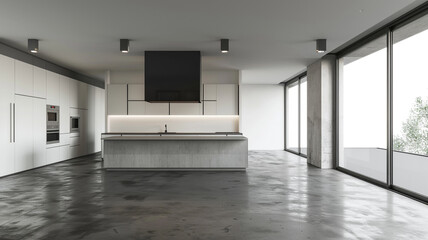 Fototapeta premium an image of a minimalist kitchen with concrete floors and sleek cabinetry