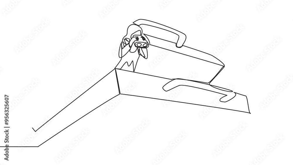 Poster animated self drawing of single continuous line drawing arab businesswoman emerges from briefcase lo