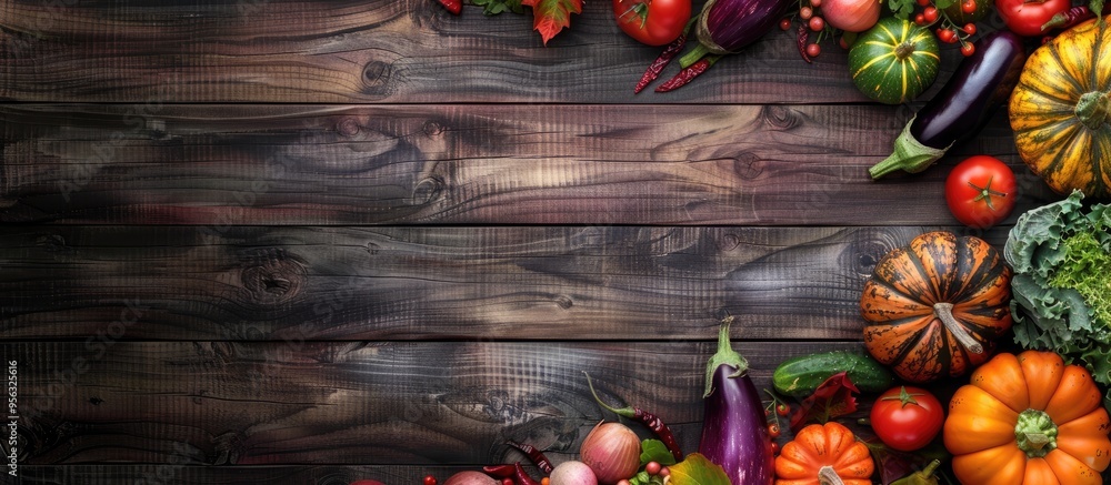 Poster Various colorful vegetables like pumpkins eggplants cucumbers tomatoes and peppers displayed on a wooden background representing the autumn harvest season with a top view copy space image