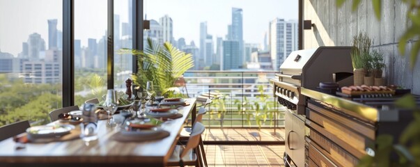 Fototapeta premium Enjoying a barbecue brunch on the balcony with a view of the city skyline, 4K hyperrealistic photo