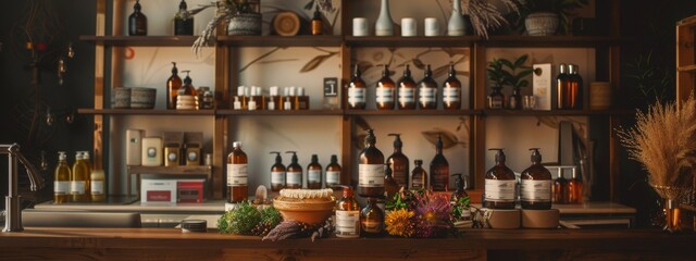 Natural skincare products and flowers arranged on wooden shelves in a boutique