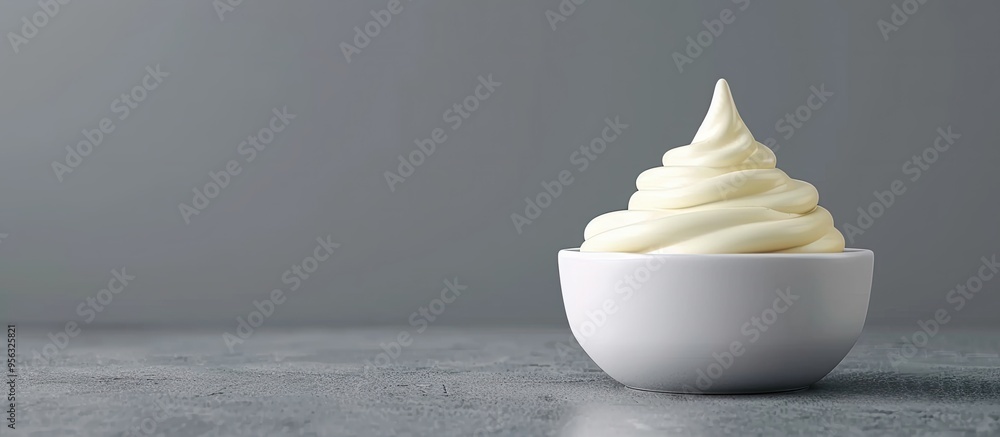 Poster fresh mayonnaise in a bowl on a grey background with copy space image