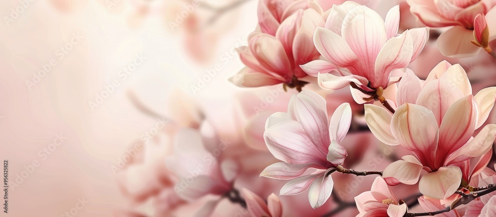 Poster pink magnolia flowers on a blossoming magnolia tree creating an elegant copy space image