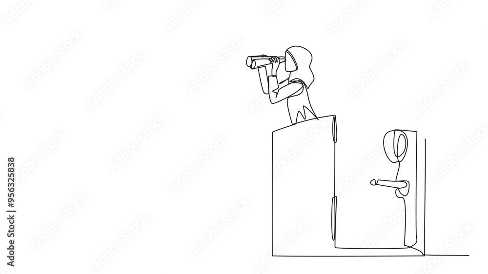 Aufkleber animation of a single one line drawing arab businesswoman emerges from a safe deposit box looking fo