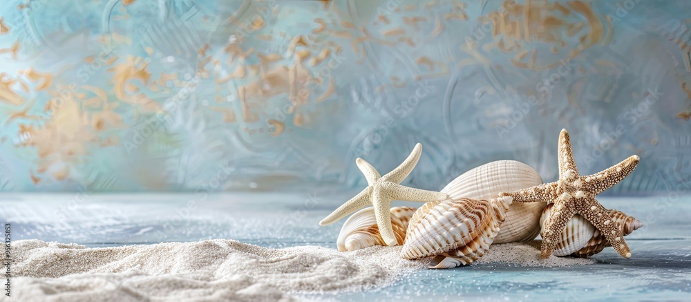 Leinwandbilder A summer vibe with sea shells or starfish displayed on a table background providing room for text in a copy space image