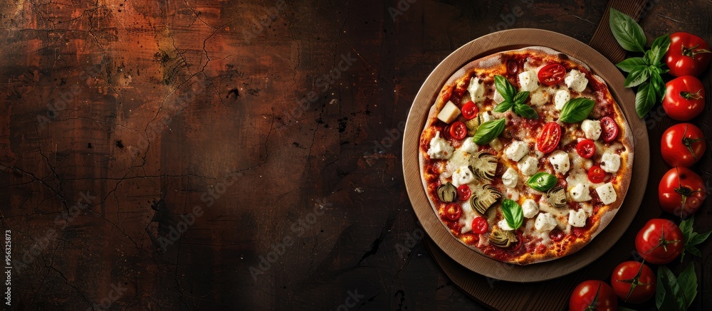 Poster artichoke mozzarella tomatoes and cheese tart pizza on a wooden board against a dark background view