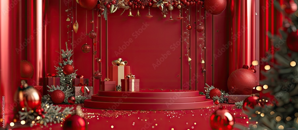 Poster Red background adorned with festive Christmas decorations including a podium for showcasing products featuring an elegant and ornate holiday theme with space for adding images. Creative banner