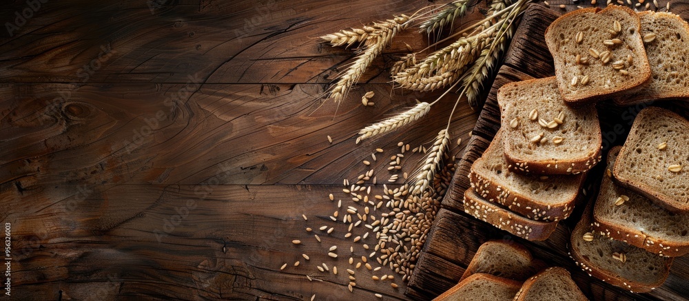 Aufkleber wooden background with sliced bread wheat grains and thyme creating a picturesque copy space image