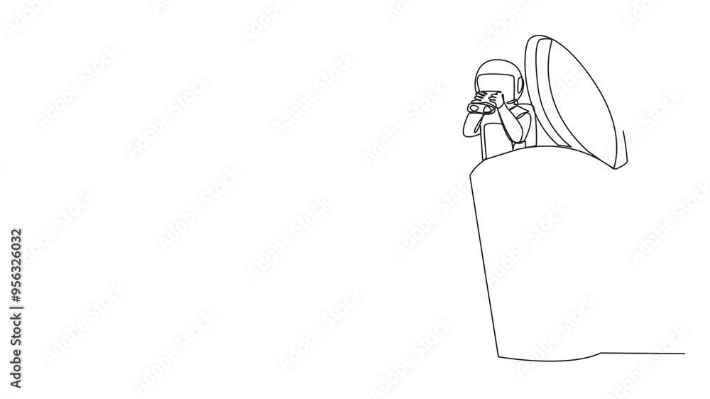 Poster self drawing animation of single one line drawing astronaut emerges from paper cup look for somethin