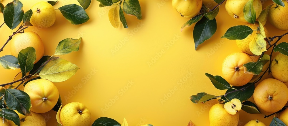 Poster Yellow background with frame created using sweet ripe quinces and leaves ideal for a copy space image
