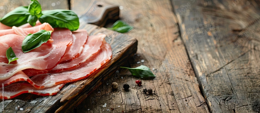 Aufkleber Fresh ham slice on a rustic table with copy space image ready to be enjoyed as a natural appetizer or snack creating a delightful meal atmosphere
