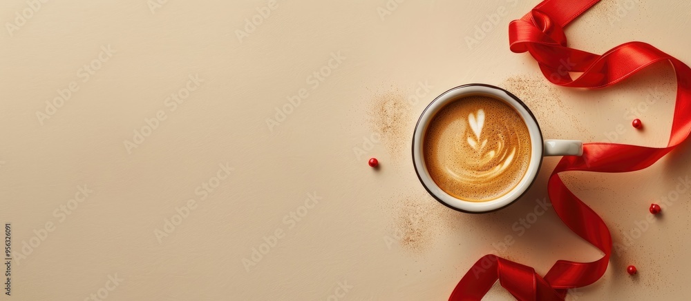 Leinwandbilder Top down view of coffee cup on beige backdrop with red ribbon for decoration Ample space for additional content in the shot