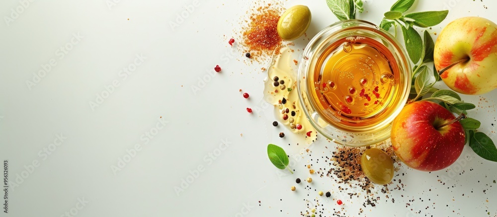 Aufkleber apple cider vinegar along with various cooking seasonings is shown in a clear open container in a co