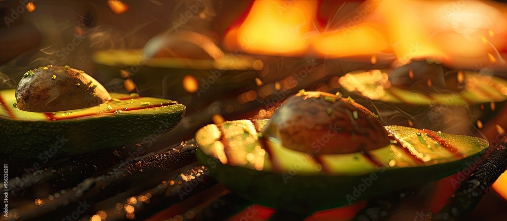 Aufkleber grilled slices of fresh avocado at a health food bbq displayed against a backdrop with copy space im
