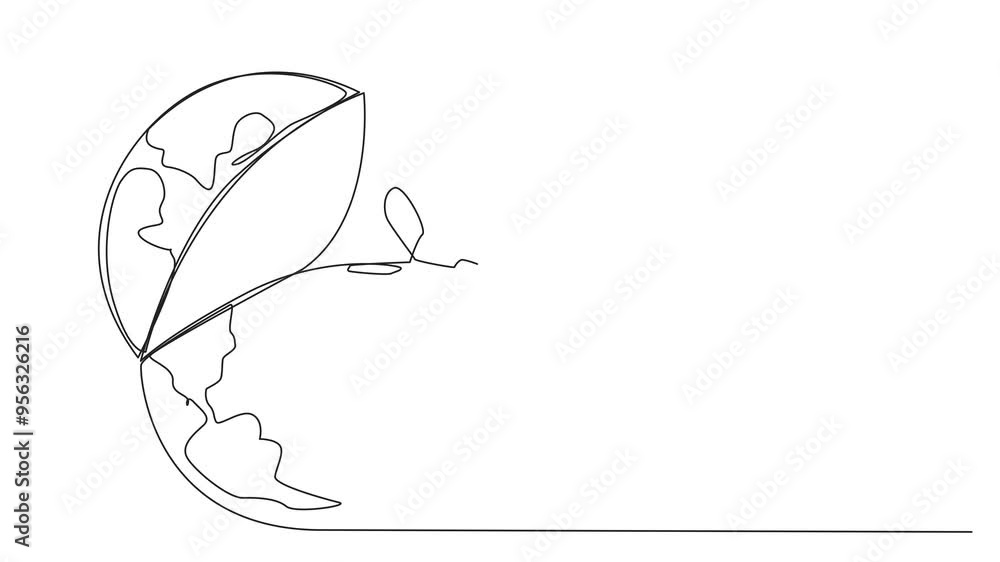 Poster animated self drawing of continuous one line drawing astronaut emerges from globe look for something