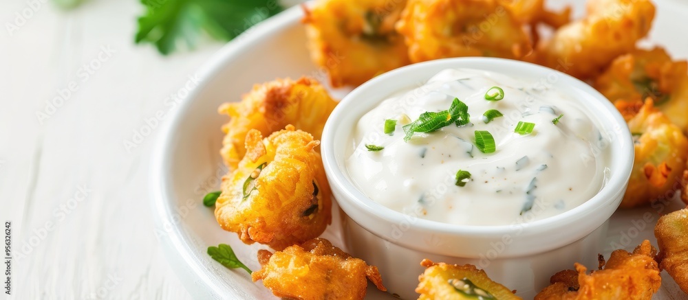 Poster healthy snacks featuring fried okra tempura served with a delectable yogurt sauce perfect for any sn