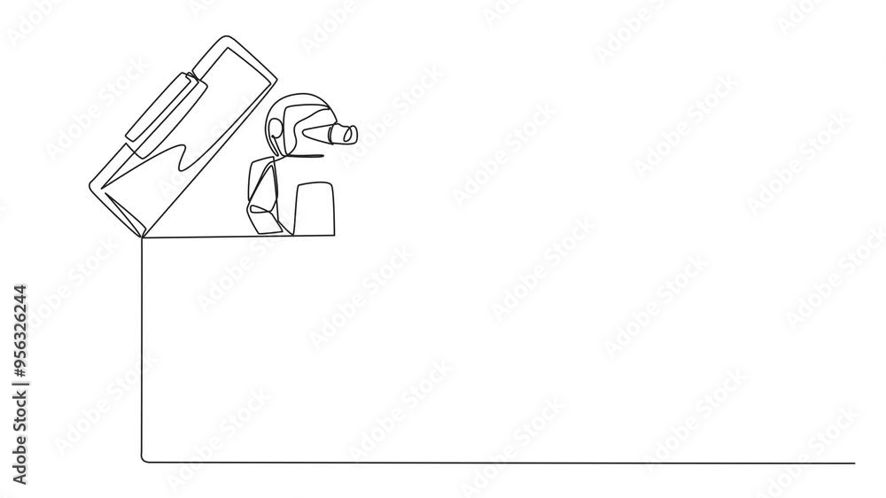 Poster animated self drawing of single continuous line drawing astronaut emerges from clipboard looking for