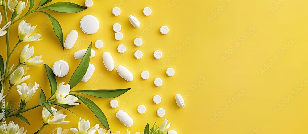 Poster White tablets with floral design displayed on a bright yellow backdrop suitable for showcasing natural medicines in a vibrant setting with copy space image