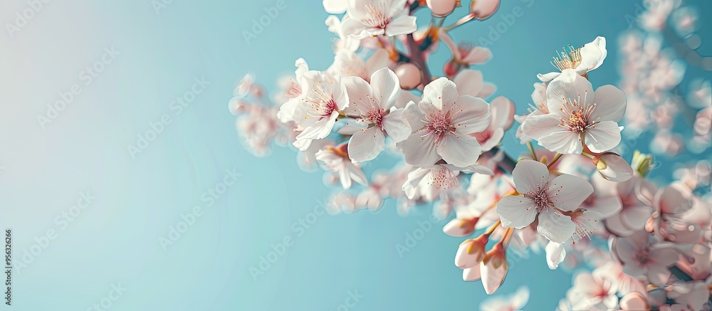 Aufkleber a beautiful apricot tree in bloom with delicate pink white flowers against a clear blue sky backgrou