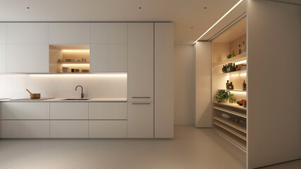 an image of a minimalist kitchen with a hidden pantry and clean surfaces