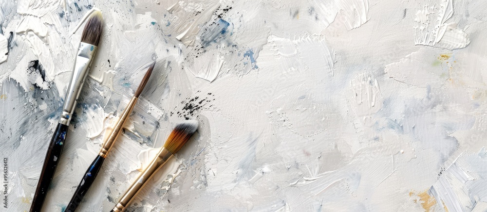 Aufkleber flat lay image of a paintbrush and watercolor set on a white surface ideal for painting or art conce