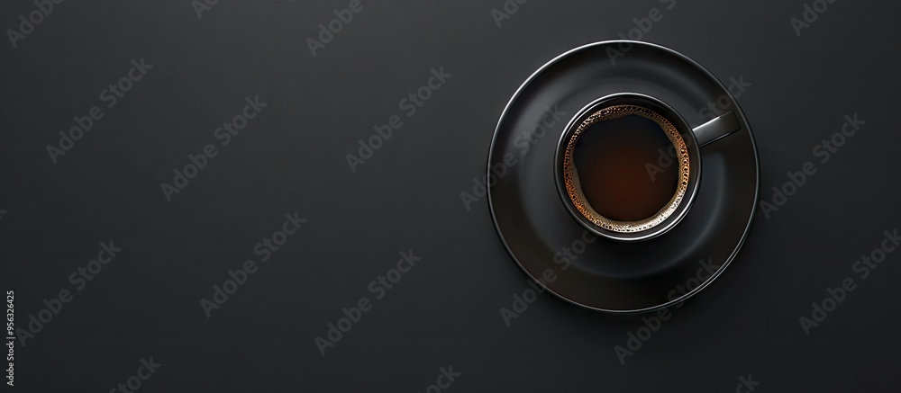 Poster a black mug filled with coffee stands on a dark backdrop allowing for copy space image