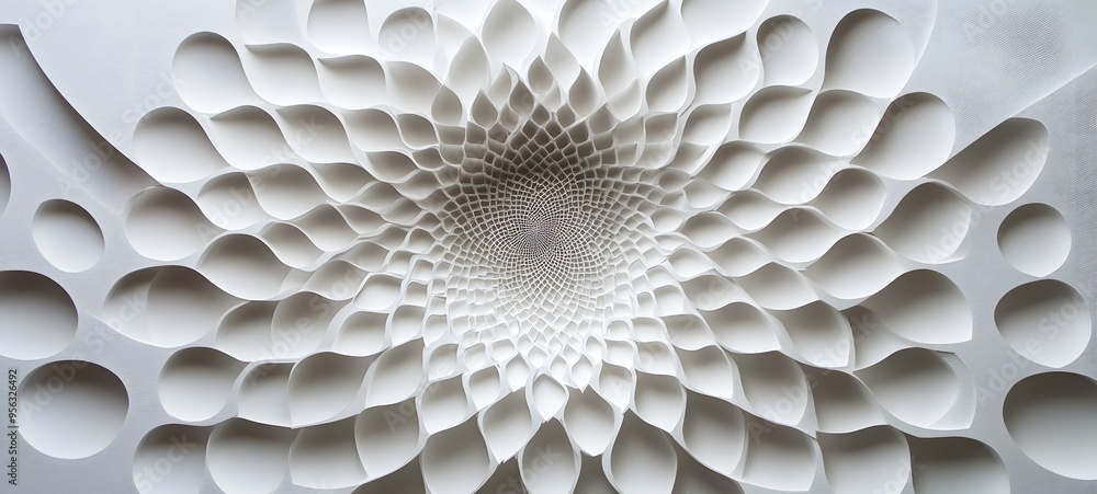 Poster 11. geometric paper cuts forming a radial pattern with varying depths and textures creating a 3d eff