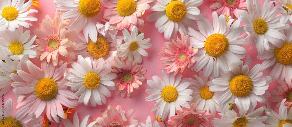 Fototapete Colorful background with assorted chamomile flowers creating a flat lay image ideal for templates or mockups due to the available copy space