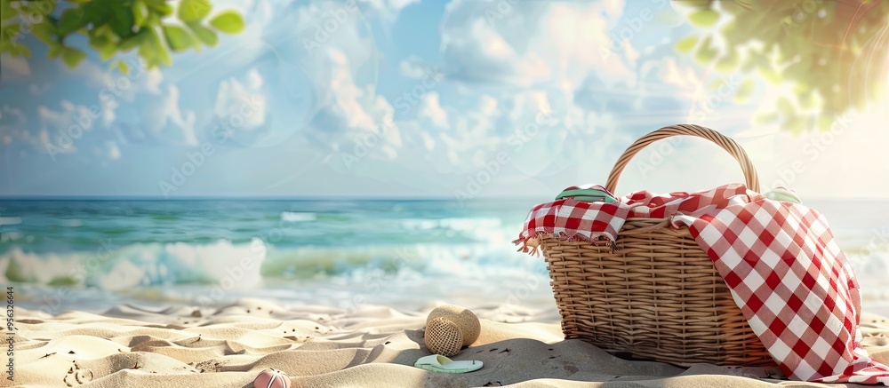 Leinwandbilder Sunny beach setting with an empty summer picnic basket and copy space image for products creating a summer themed background