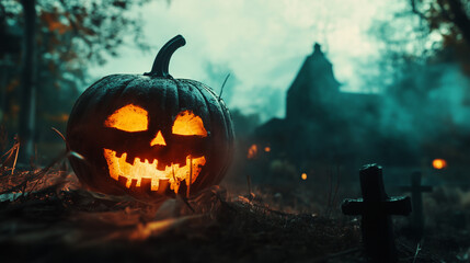 Fototapeta premium Straszny zombie-dynia wychodzi z grobu na cmentarzu, tworząc mroczną i niepokojącą atmosferę. Idealna scena na Halloween, pełna grozy i tajemniczości.