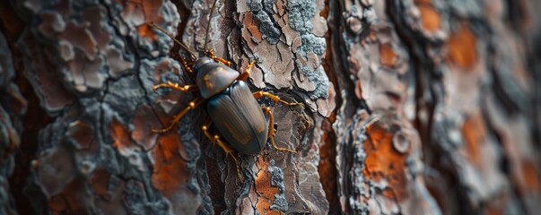 Curious beetle exploring tree bark texture, 4K hyperrealistic photo