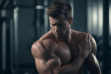 Obraz premium A bodybuilder in a gym clutching his shoulder in pain, indicating injury or discomfort.
