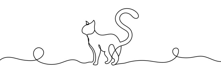 Continuous one line drawing. Cat with curled tail. Vector illustration