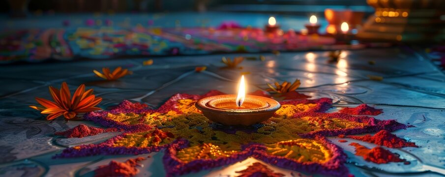 Diwali celebration with colorful rangoli, 4K hyperrealistic photo