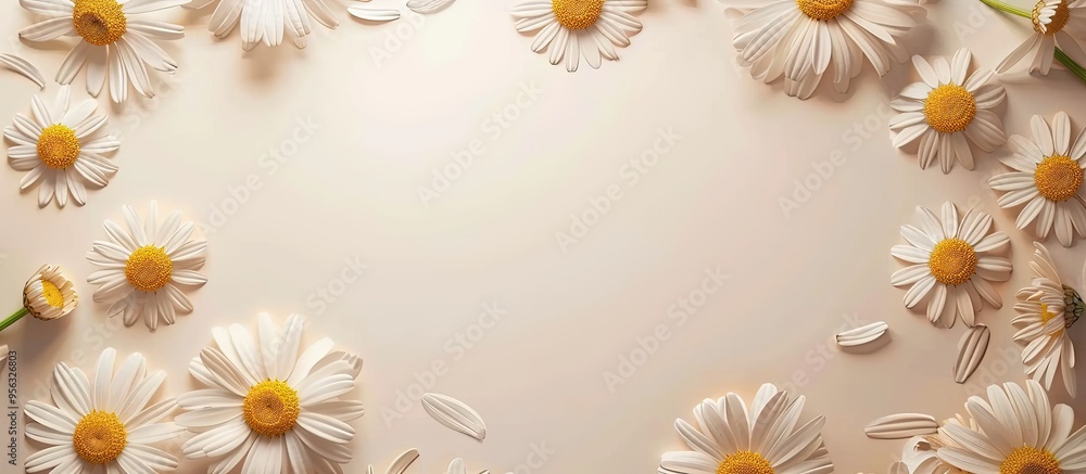 Aufkleber Circular frame of chamomile daisies on a light beige background with room for text or images ideal for creating a summer themed design. Creative banner. Copyspace image