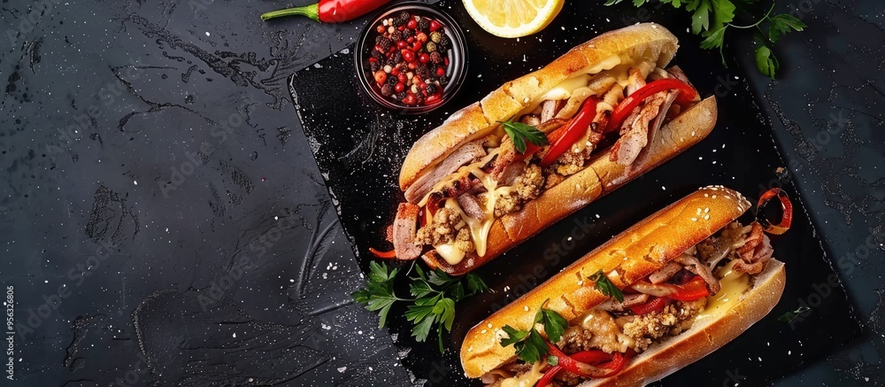 Poster Turkish street food sandwich with cheese and meat served on a black griddle with a side of lemon creating a delicious visual with copy space image