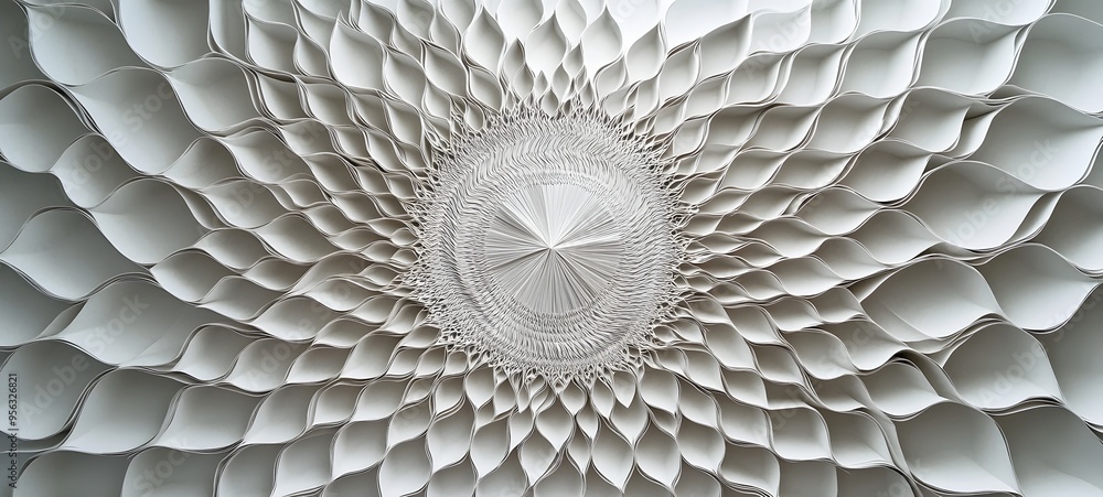 Poster 11. geometric paper cuts forming a radial pattern with varying depths and textures creating a 3d eff