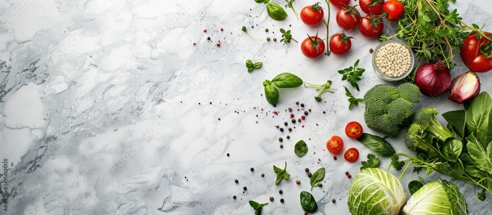 Poster fresh vegetables fruits and herbs arranged on a white marble surface providing a vegetarian friendly